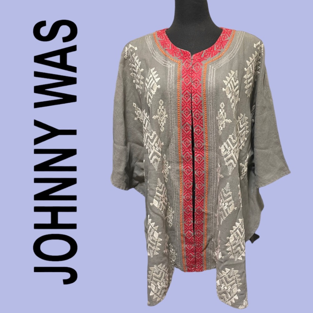 Johnny Was Poncho Top Womens Medium Grey Pink Embroidered Boho Relaxed Good